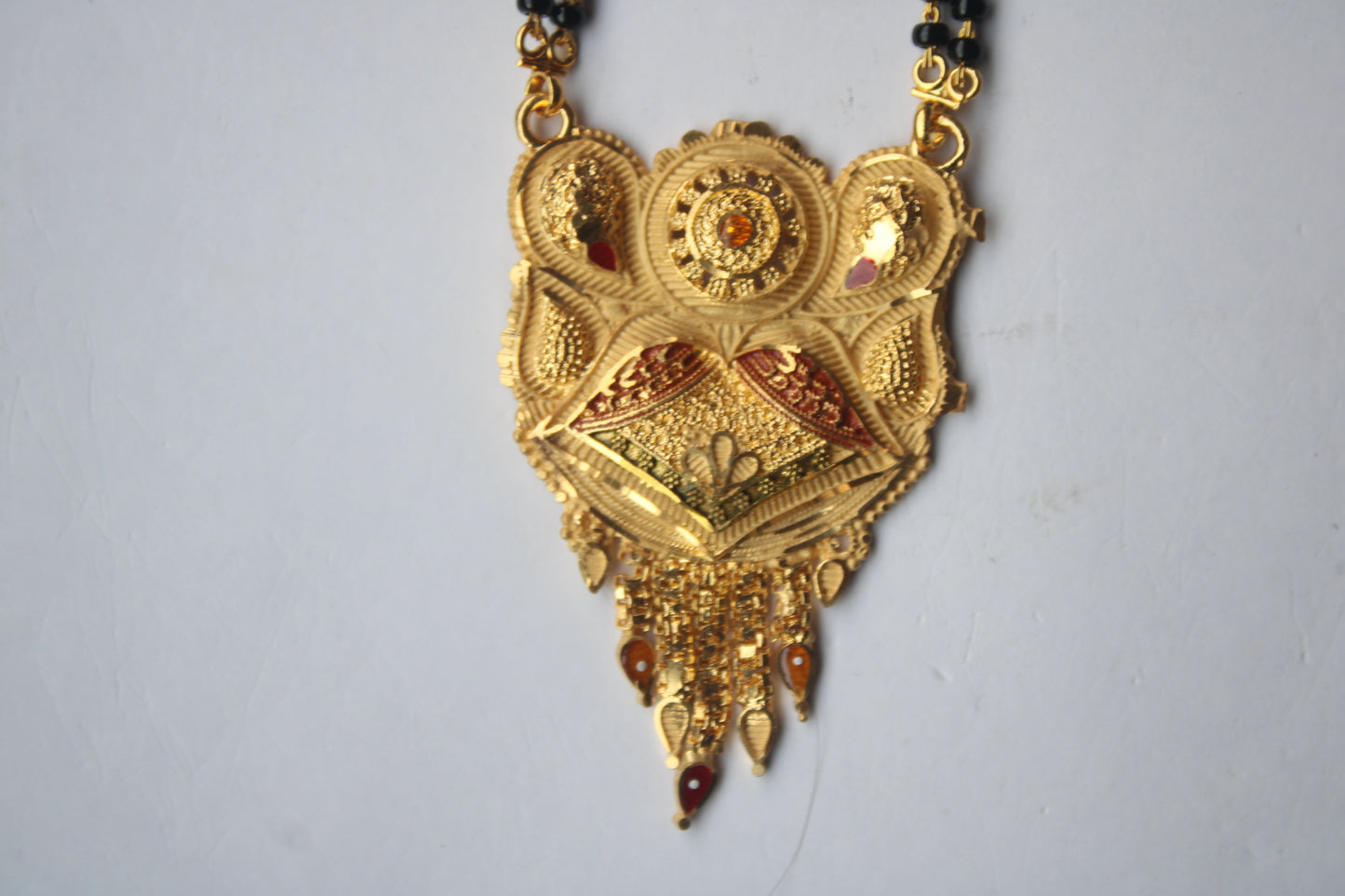 Unique Floral Design Gold Mangalsutra With Yellow Stone - Traditional Indian Wedding Jewelry