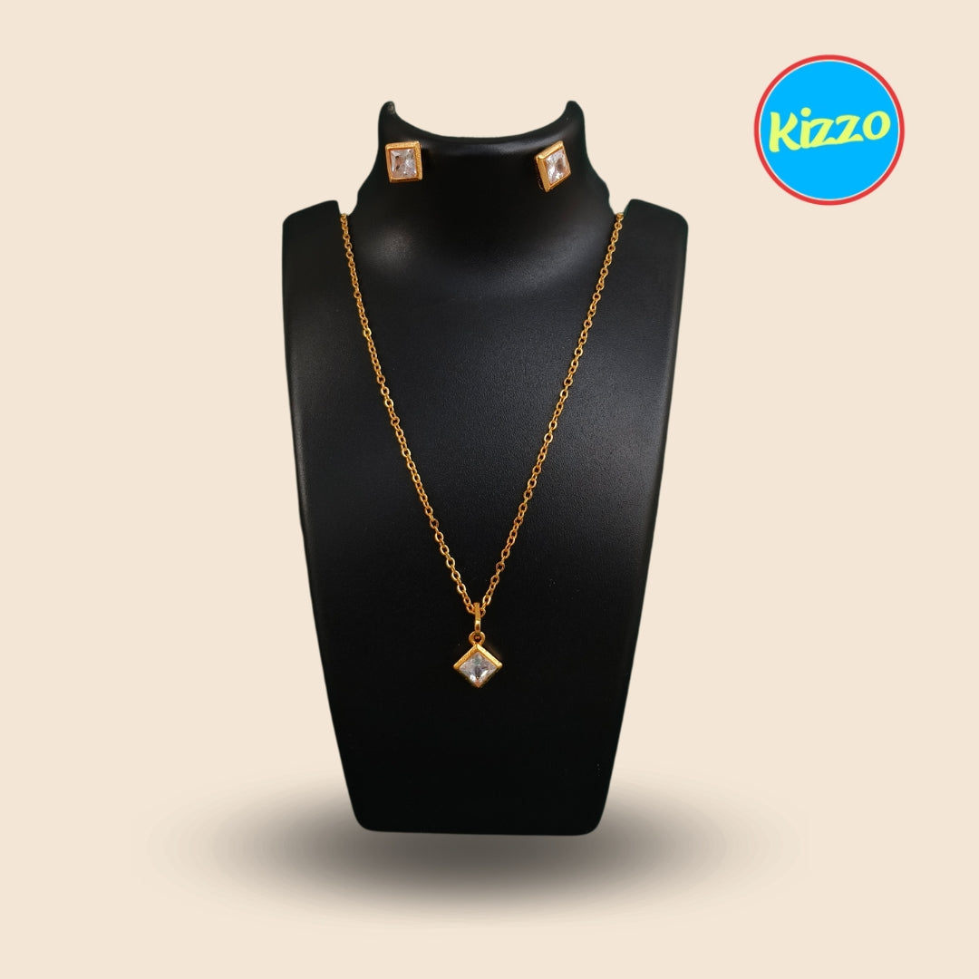 Elegant Gold-Plated Chain with Cubic Zirconia Pendant and Earrings | For Women & Girls