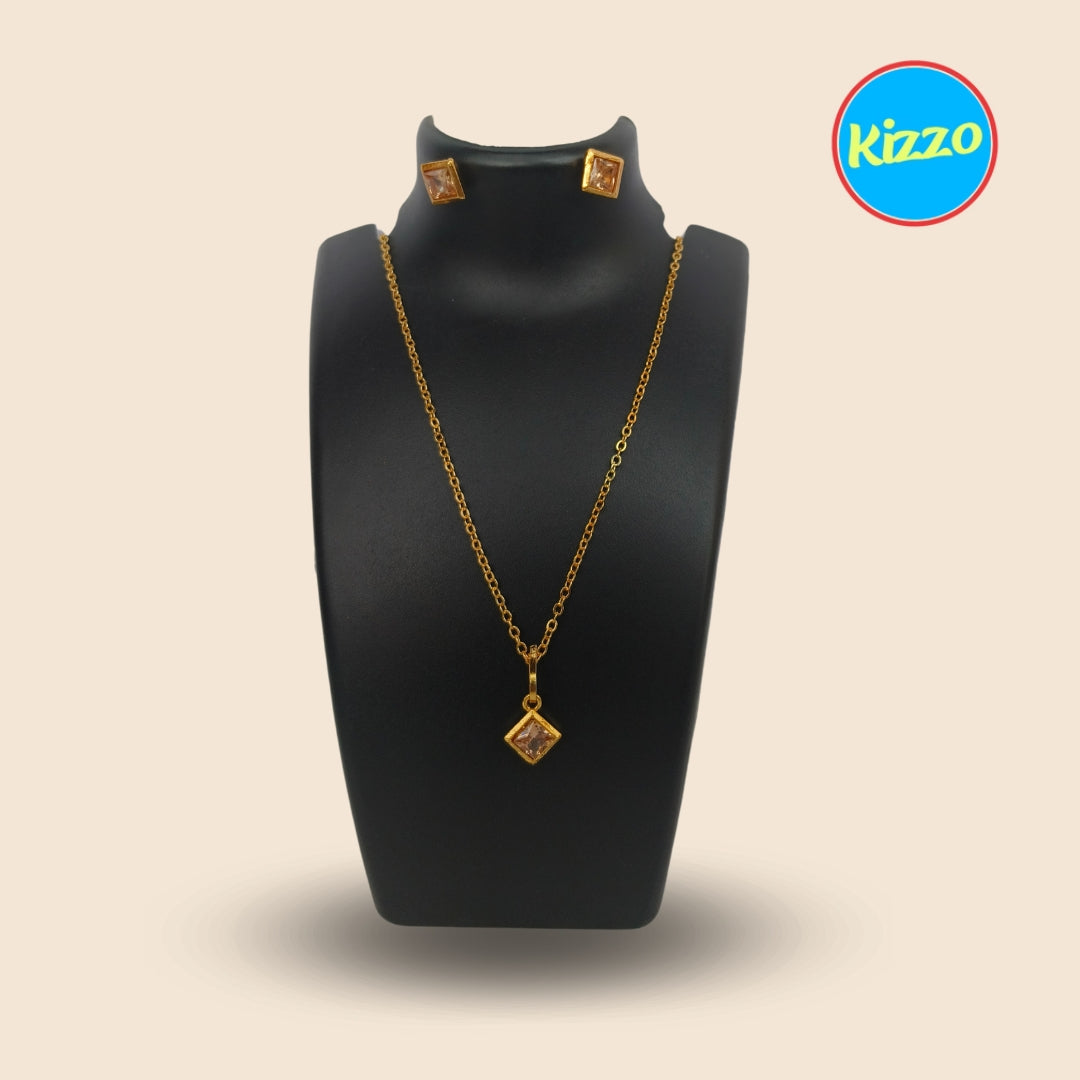 Elegant Gold-Plated Chain with Cubic Zirconia Pendant and Earrings | For Women & Girls