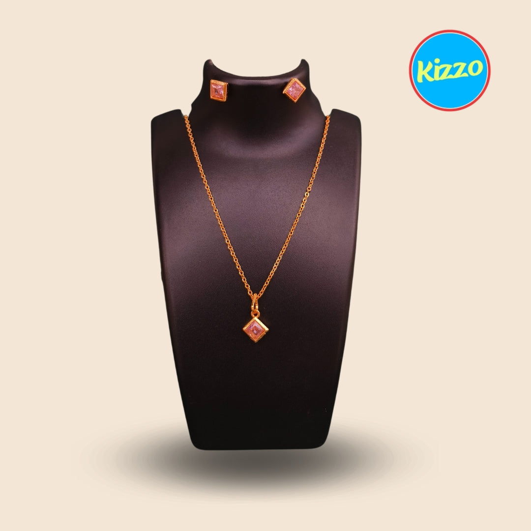 Elegant Gold-Plated Chain with Cubic Zirconia Pendant and Earrings | For Women & Girls