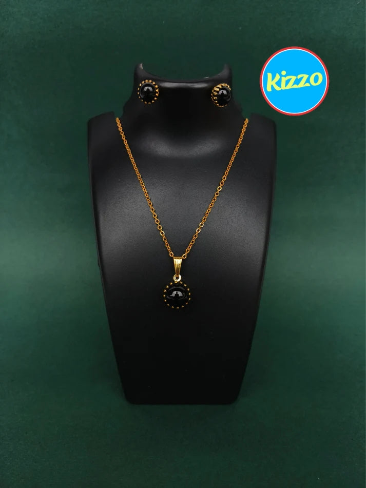 Gold Chain and Earrings - Black Gemstones | For Women & Girls