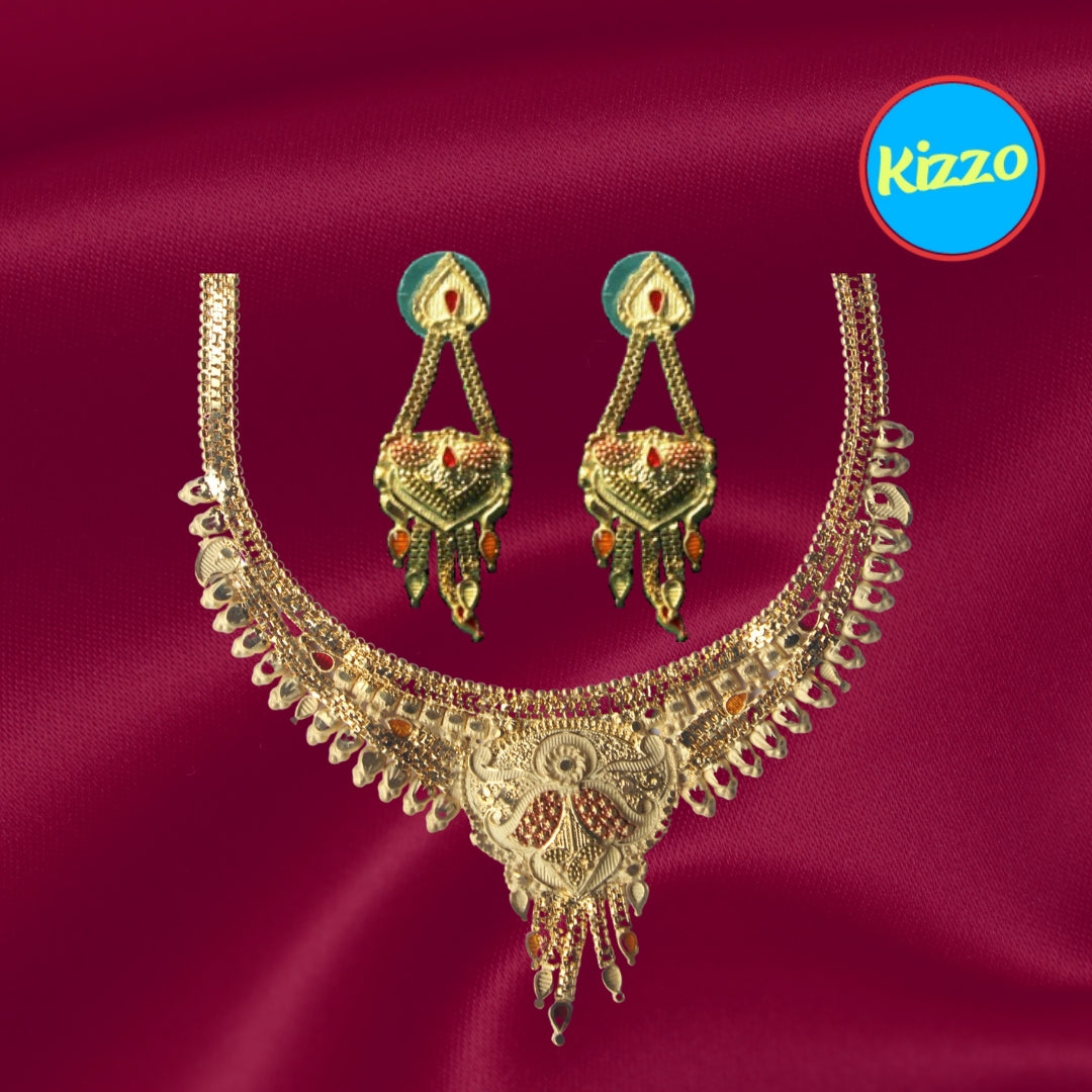 Unique And Trendy Floral Design Gold-Toned Necklace with Intricate Red & Yellow Stone Accents – Perfect for Festive & Bridal Wear