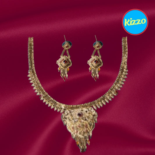 Unique And Trendy Droplet Design Gold-Toned Necklace with Intricate Red & Yellow Stone Accents – Perfect for Festive & Bridal Wear