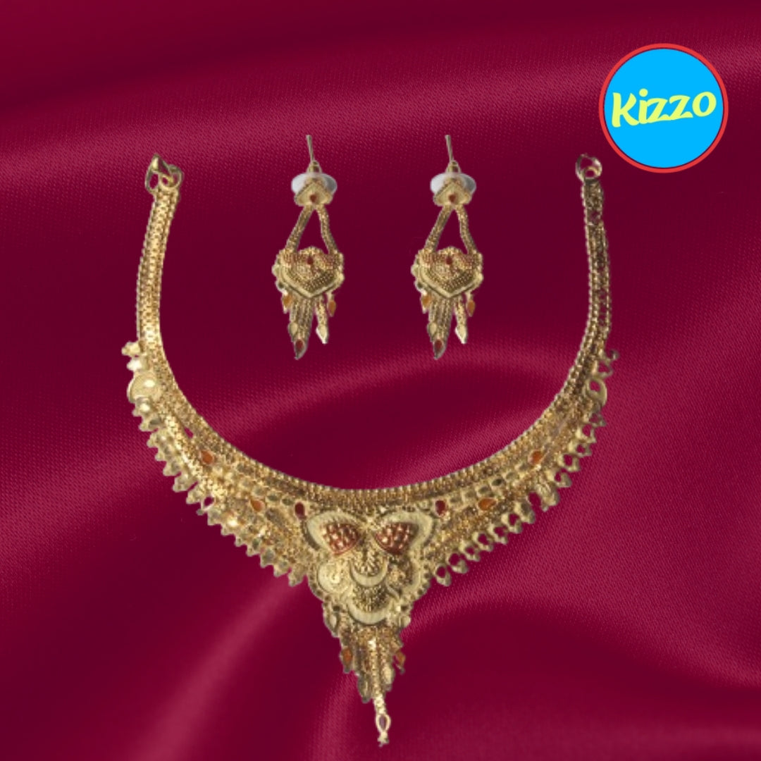 Unique And Trendy Gold-Toned Necklace with Intricate Red & Yellow Stone Accents – Perfect for Festive & Bridal Wear