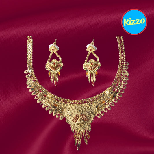 Elegant Traditional Gold-Toned Necklace with Intricate Red Stone Accents – Perfect for Festive & Bridal Wear