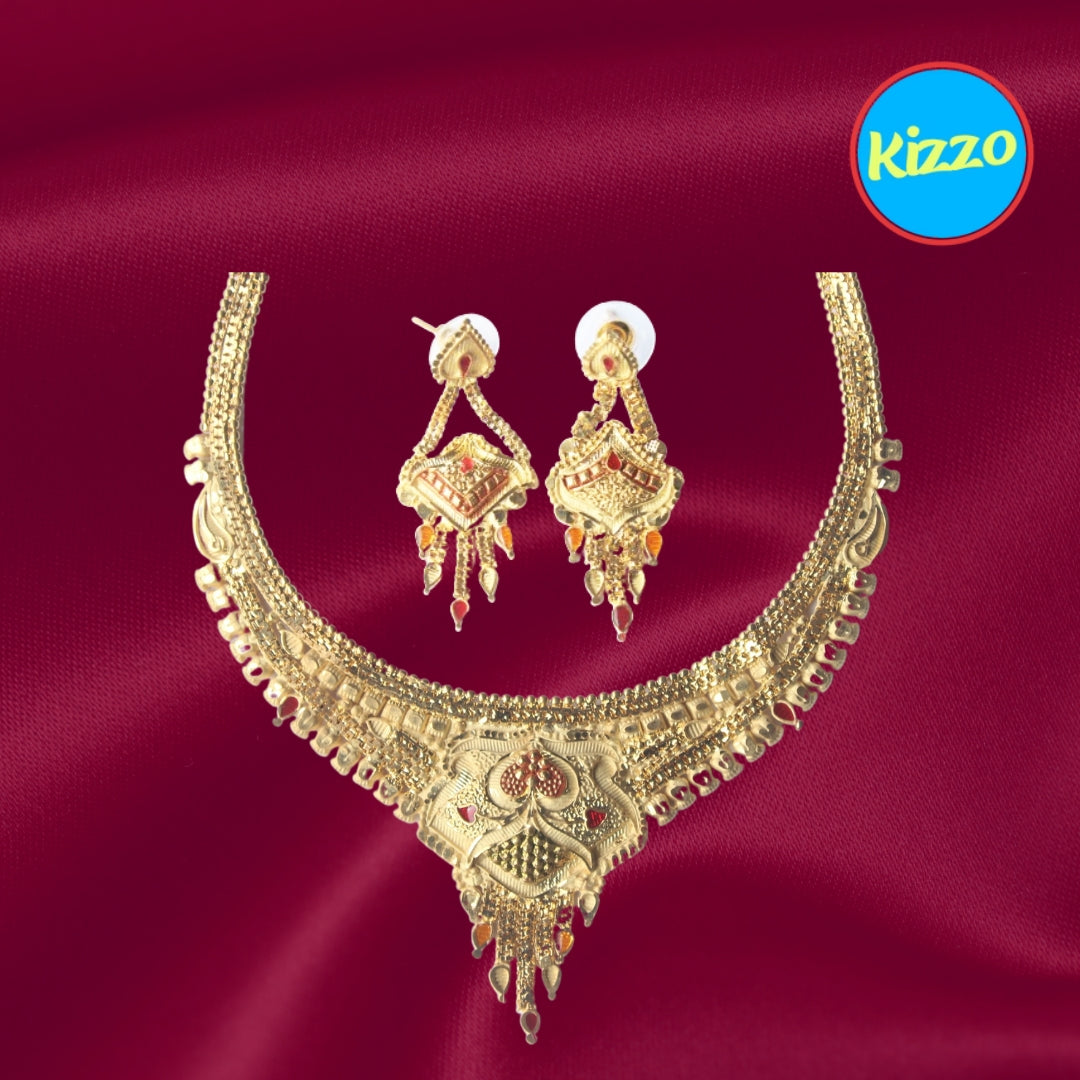 Elegant Traditional Gold-Toned Necklace with Intricate Red Stone Accents – Perfect for Festive & Bridal Wear