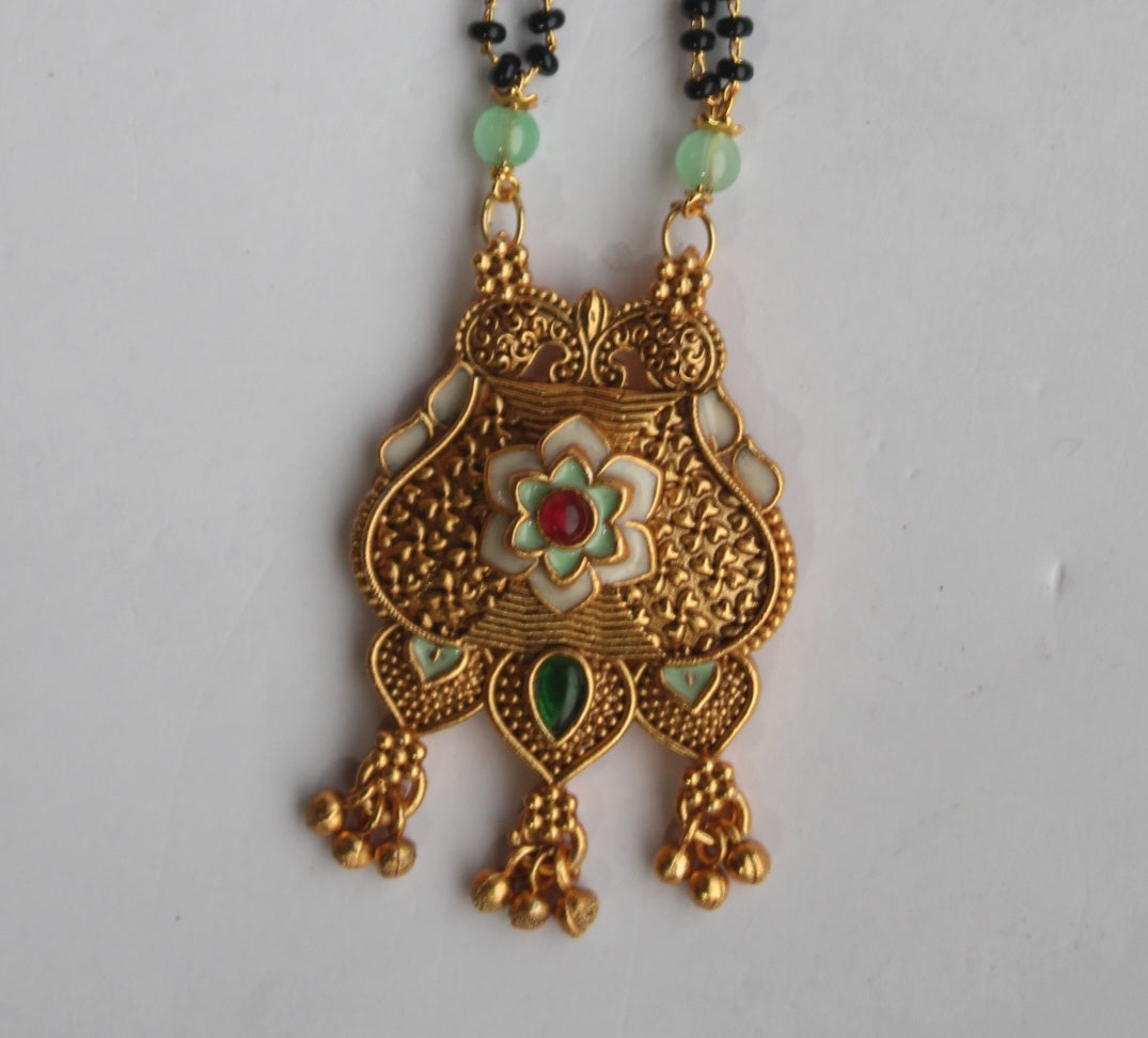 Unique Floral Design Gold Mangalsutra with Ruby & Emerald Accents- Traditional Indian Wedding Jewelry