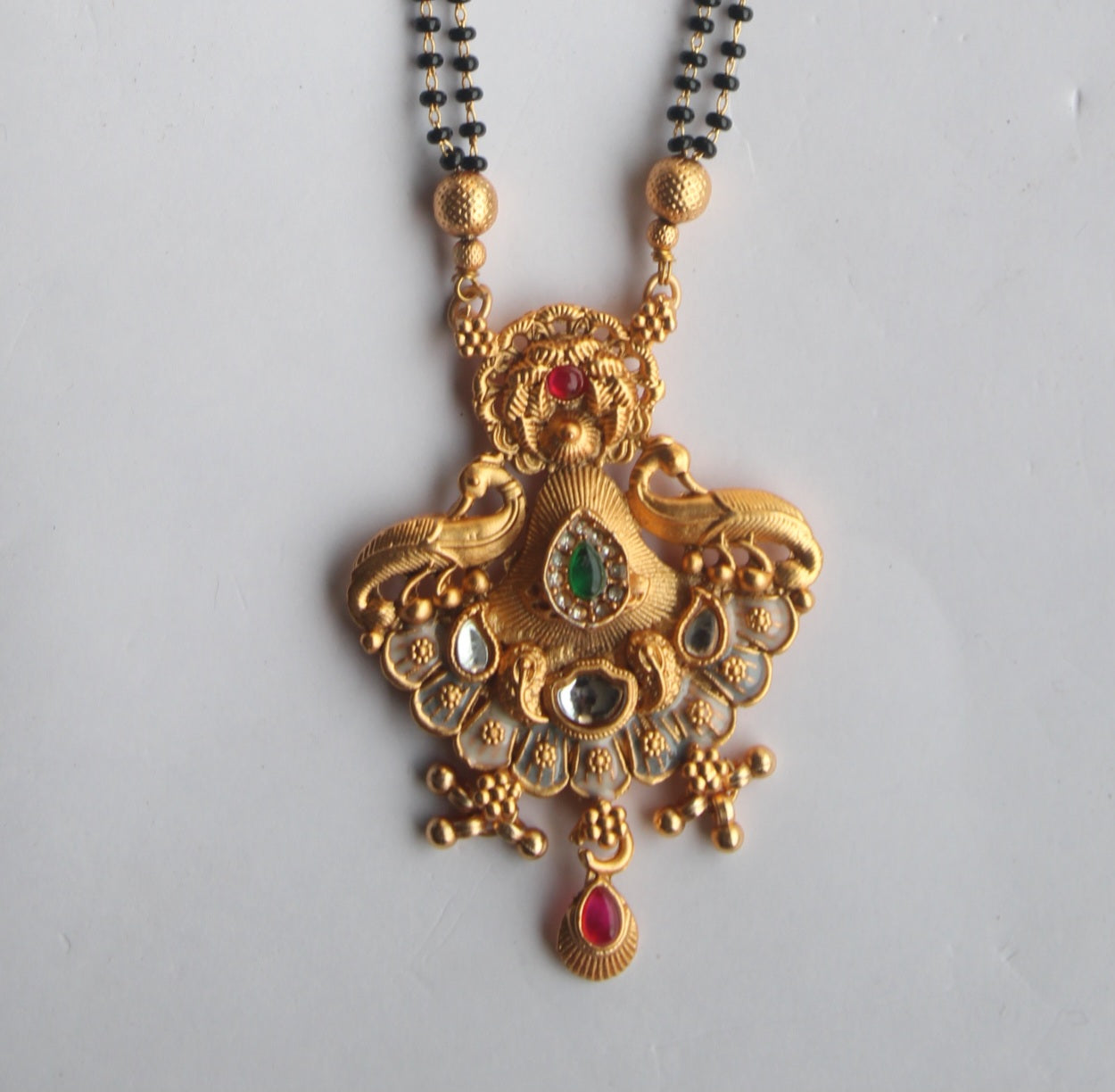 Traditional Peacock Design Gold Mangalsutra with Ruby & Emerald Accents- Traditional Indian Wedding Jewelry