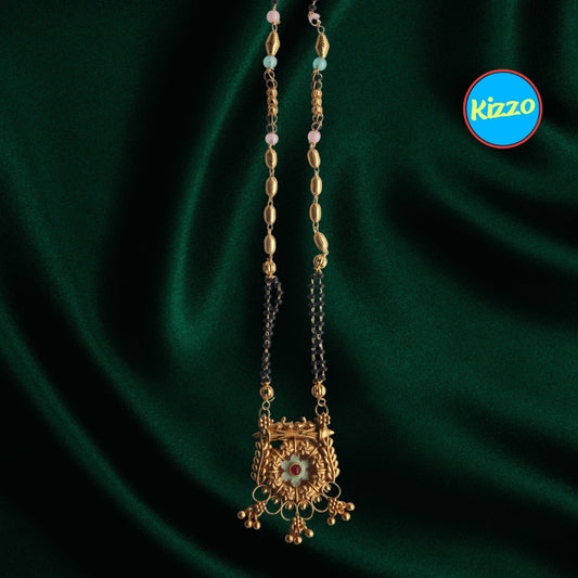 Traditional Floral Design Gold Mangalsutra with Ruby & Emerald Accents- Traditional Indian Wedding Jewelry