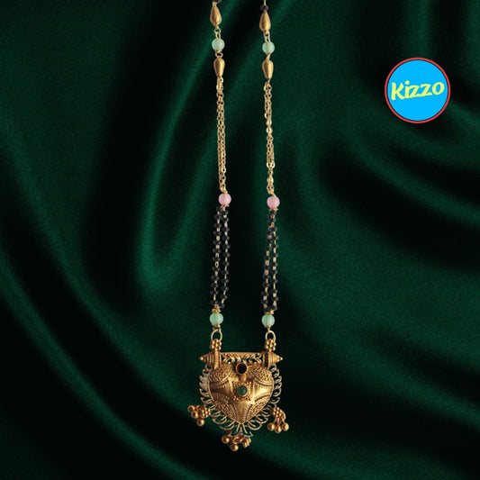 Traditional Heart Design Gold Mangalsutra with Ruby & Emerald Accents- Traditional Indian Wedding Jewelry