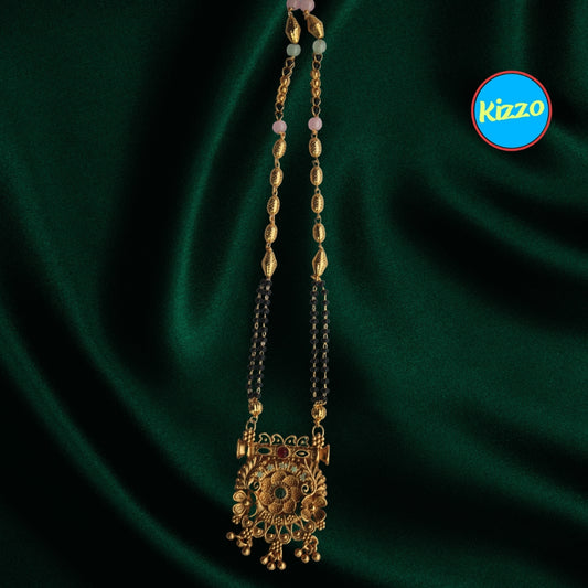 Traditional Floral Design Gold Mangalsutra with Ruby & Emerald Accents- Traditional Indian Wedding Jewelry