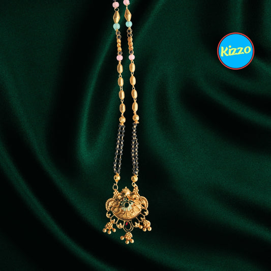 Unique Floral Design Gold Mangalsutra with Ruby & Emerald Accents- Traditional Indian Wedding Jewelry