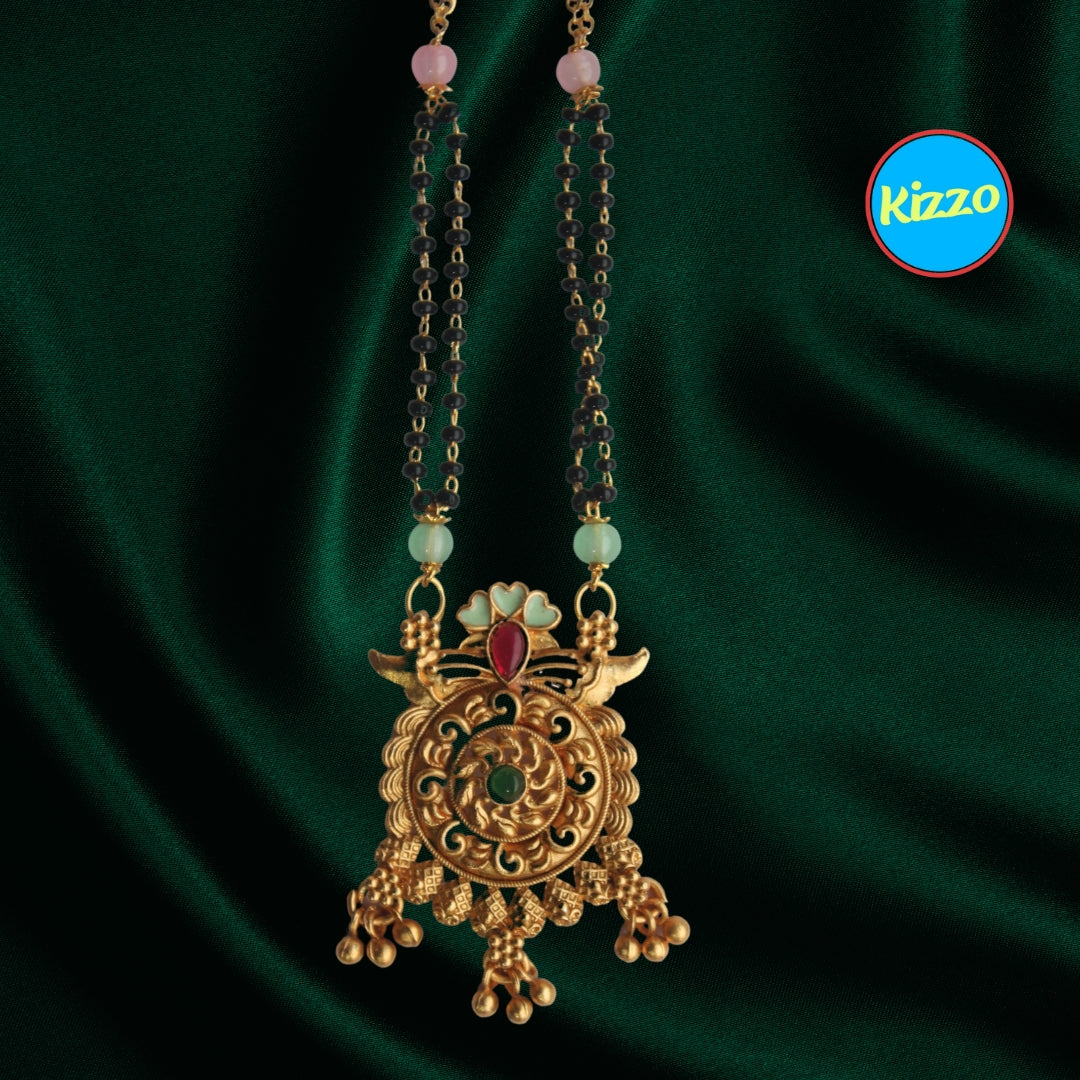 Unique Circular Design Gold Mangalsutra with Ruby & Emerald Accents- Traditional Indian Wedding Jewelry