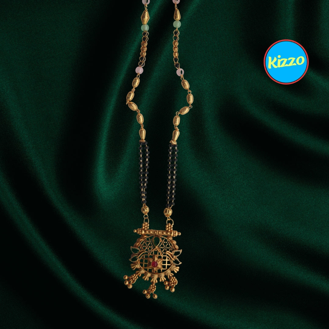 Trendy Floral Design Gold Mangalsutra with Ruby & Emerald Accents- Traditional Indian Wedding Jewelry