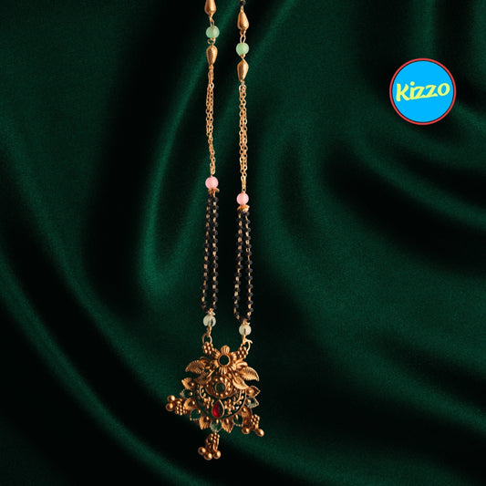 Trendy Half Moon Design Gold Mangalsutra with Ruby & Emerald Accents- Traditional Indian Wedding Jewelry