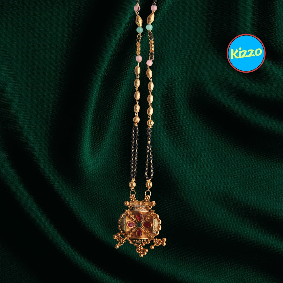 Trendy Design Gold Mangalsutra with Ruby & Emerald Accents- Traditional Indian Wedding Jewelry