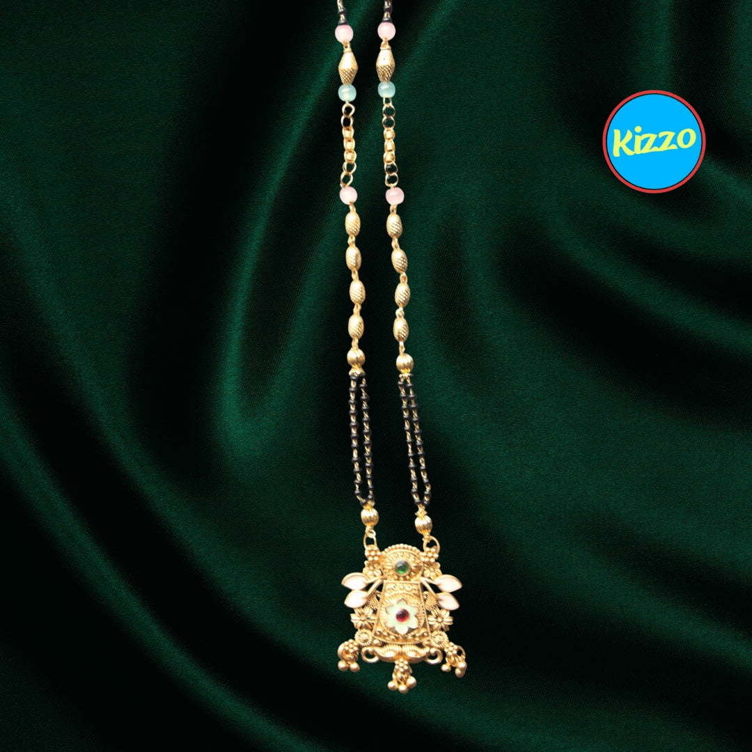 Trendy Floral Design Gold Plated Mangalsutra with Ruby & Emerald Accents- Traditional Indian Wedding Jewelry