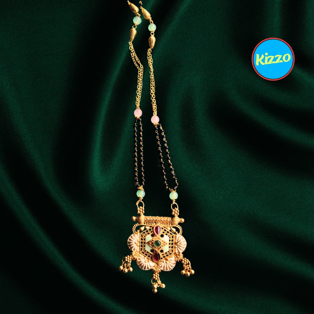 Trendy Hexagon Floral Design Gold Plated Mangalsutra with Ruby & Emerald Accents- Traditional Indian Wedding Jewelry