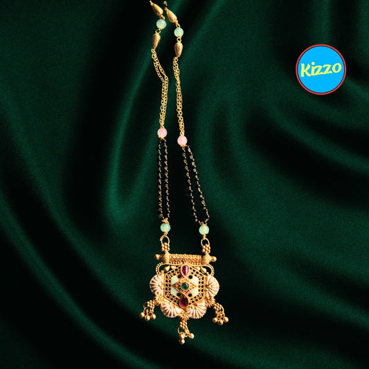 Trendy Hexagon Floral Design Gold Plated Mangalsutra with Ruby & Emerald Accents- Traditional Indian Wedding Jewelry