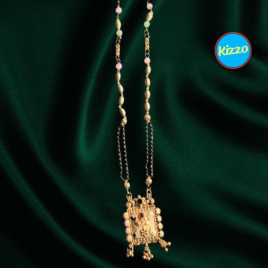 Trendy Floral Design Gold Plated Mangalsutra with Red Ruby &  Green Emerald Accents- Traditional Indian Wedding Jewelry