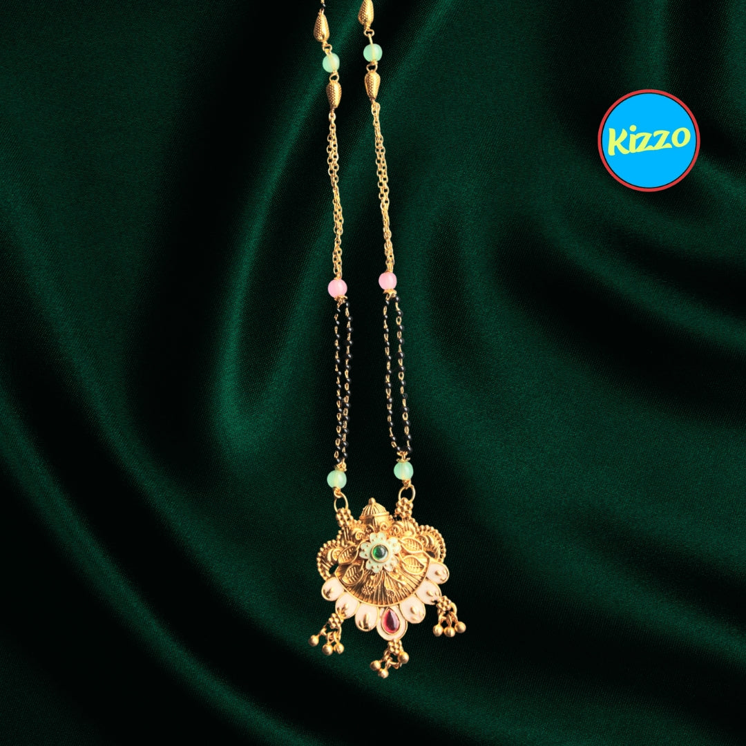 Trendy Floral Design Gold Plated Mangalsutra with Red Ruby & Green Emerald Accents- Traditional Indian Wedding Jewelry