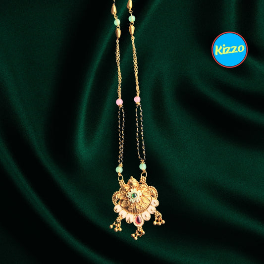 Trendy Floral Design Gold Plated Mangalsutra with Red Ruby & Green Emerald Accents- Traditional Indian Wedding Jewelry