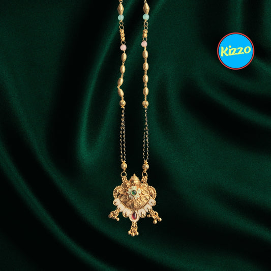 Trendy And Unique Floral Design Gold Plated Mangalsutra with Red Ruby & Green Emerald Accents- Traditional Indian Wedding Jewelry