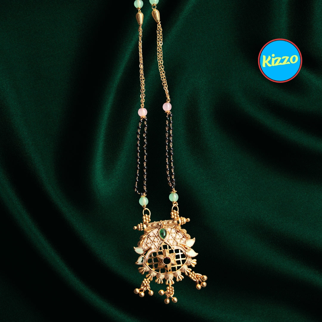 Trendy And Unique Floral Design Gold Plated Mangalsutra with Red Ruby & Green Emerald Accents- Traditional Indian Wedding Jewelry