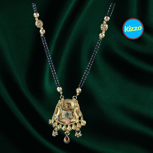 Flower Design Gold Mangalsutra with Ruby & Emerald Accents- Traditional Indian Wedding Jewelry