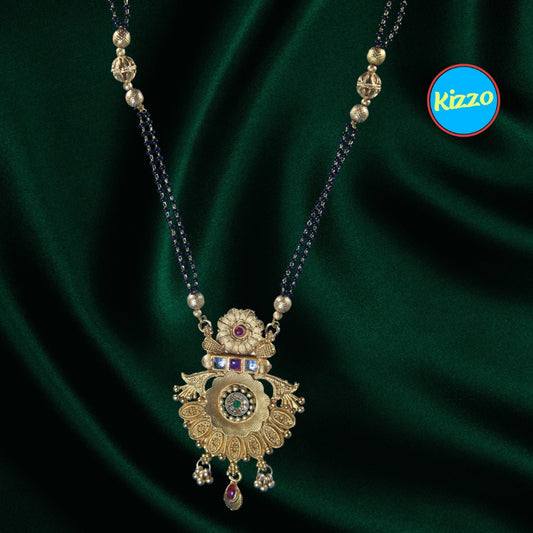 Traditional Flower Design Gold Mangalsutra with Ruby & Emerald Accents- Traditional Indian Wedding Jewelry