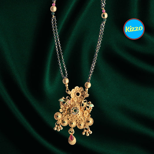 Traditional Floral Design Gold Mangalsutra with Ruby & Emerald Accents- Traditional Indian Wedding Jewelry