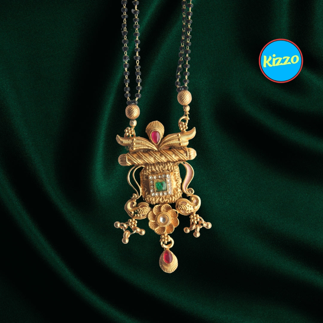 Traditional Floral Design Gold Mangalsutra with Ruby & Emerald Accents- Traditional Indian Wedding Jewelry