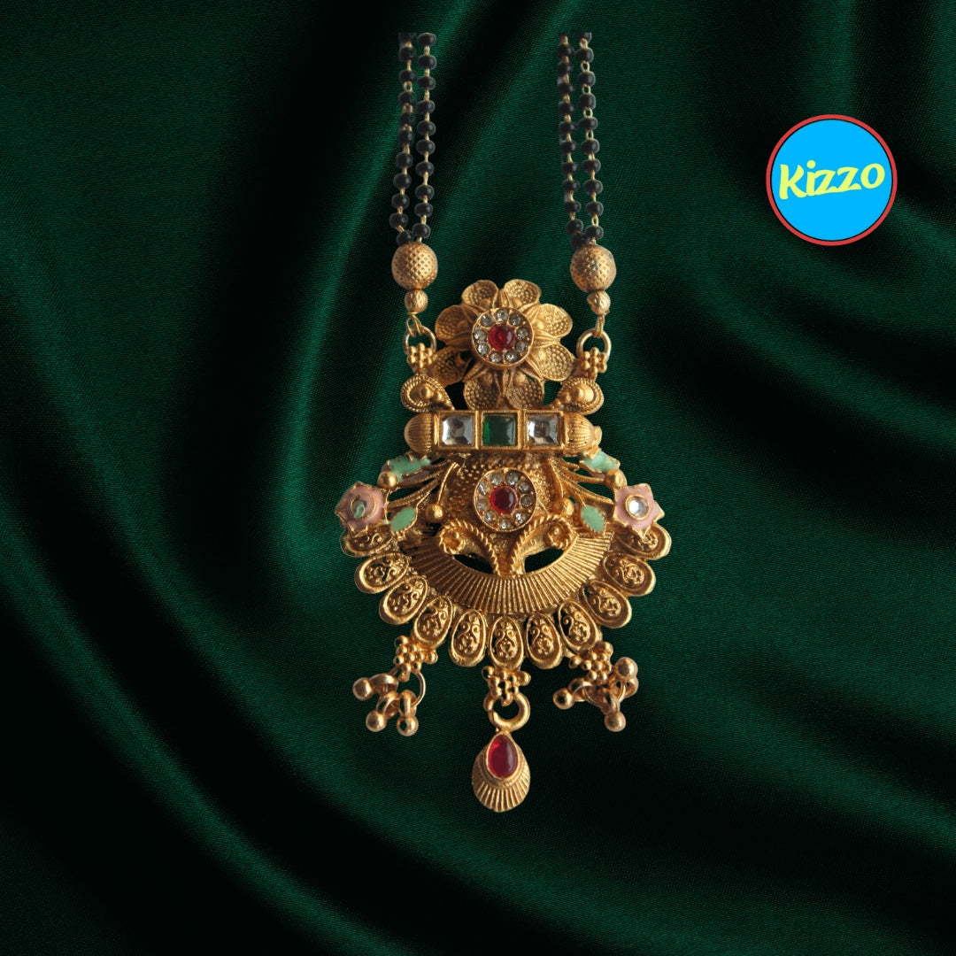 Traditional Floral Design Gold Mangalsutra with Ruby & Emerald Accents- Traditional Indian Wedding Jewelry