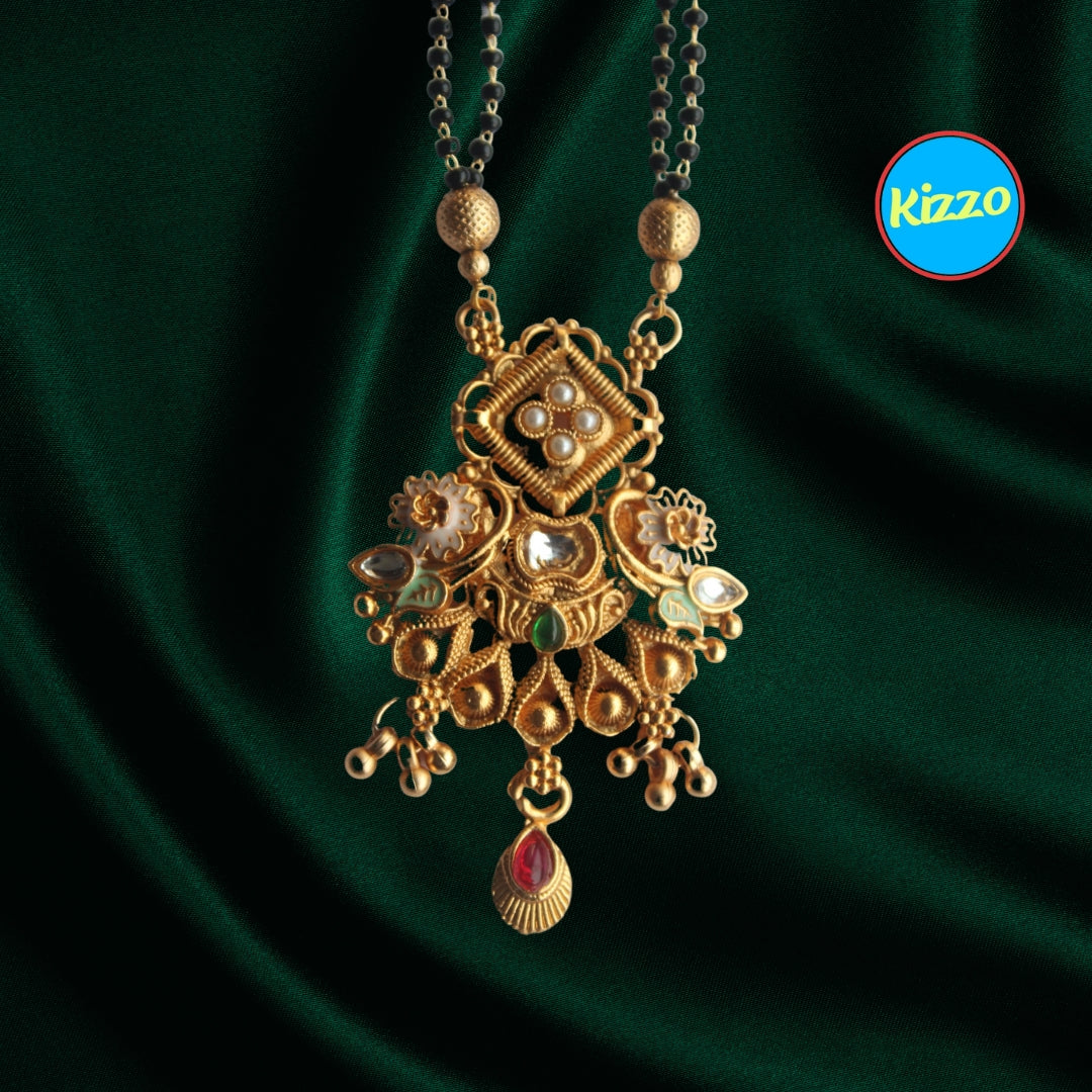 Traditional Floral Design Gold Mangalsutra with Ruby & Emerald And White Pearl Accents- Traditional Indian Wedding Jewelry