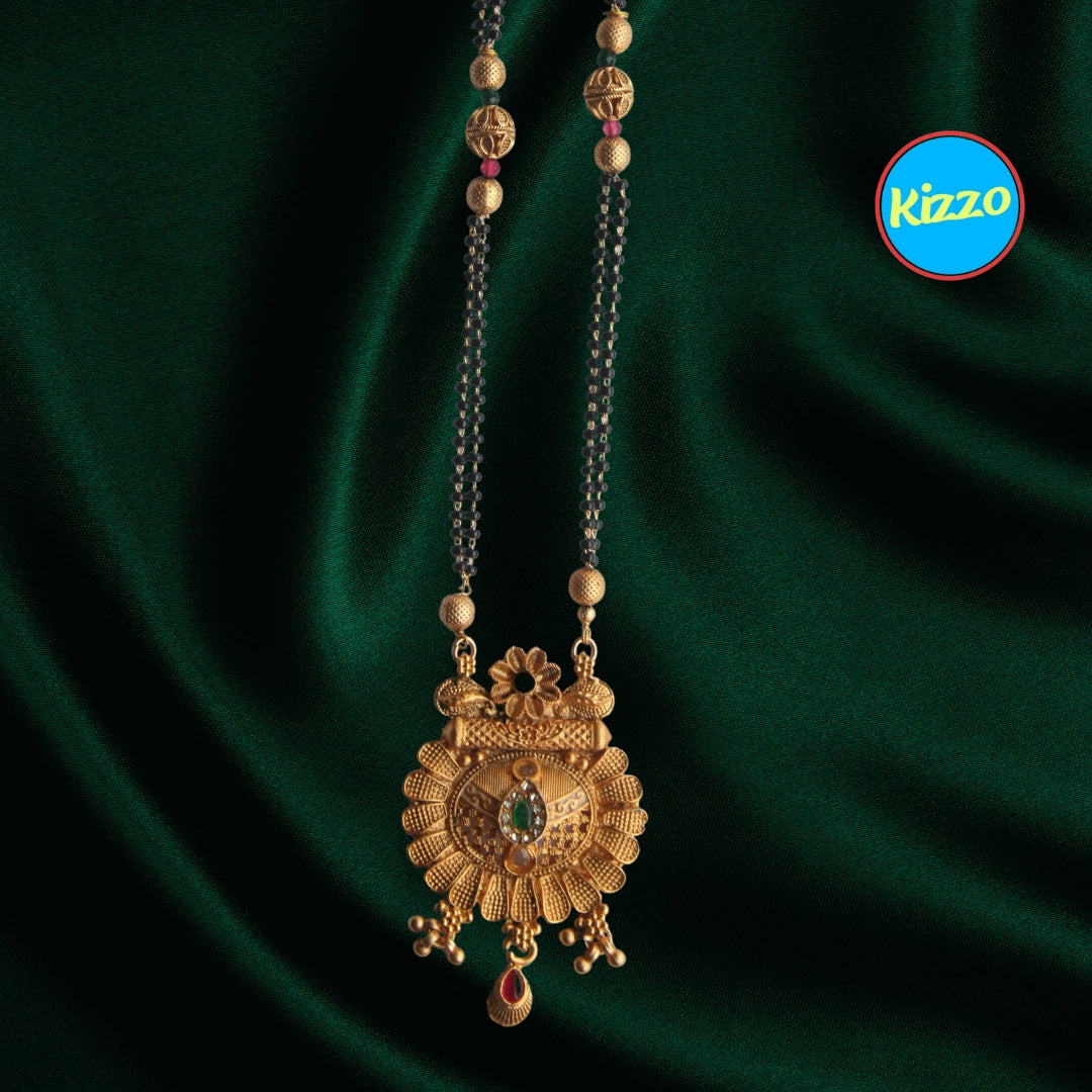 Traditional Sunflower Design Gold Mangalsutra with Ruby & Emerald Accents- Traditional Indian Wedding Jewelry