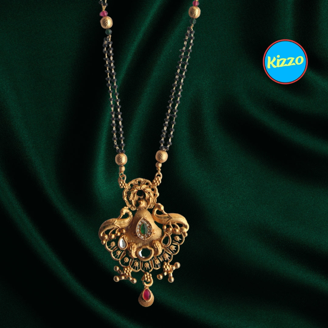 Traditional Peacock Design Gold Mangalsutra with Ruby & Emerald Accents- Traditional Indian Wedding Jewelry