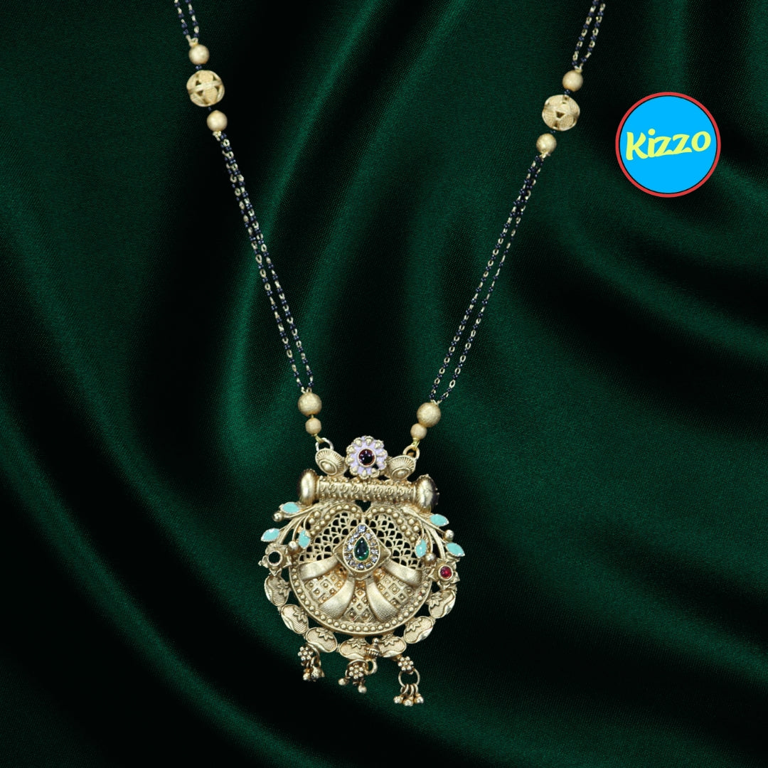 Elegant Imitation Floral Gold Mangalsutra with Ruby & Emerald Accents- Traditional Indian Wedding Jewelry