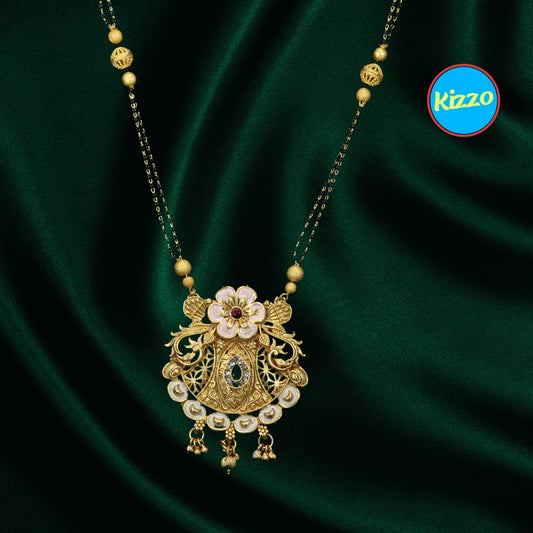 Elegant Imitation Floral And moon Desig Gold Mangalsutra with Ruby & Emerald Accents- Traditional Indian Wedding Jewelry