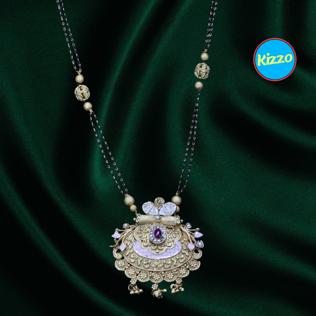 Elegant Imitation Floral And moon Design Gold Mangalsutra with Ruby & Emerald Accents- Traditional Indian Wedding Jewelry