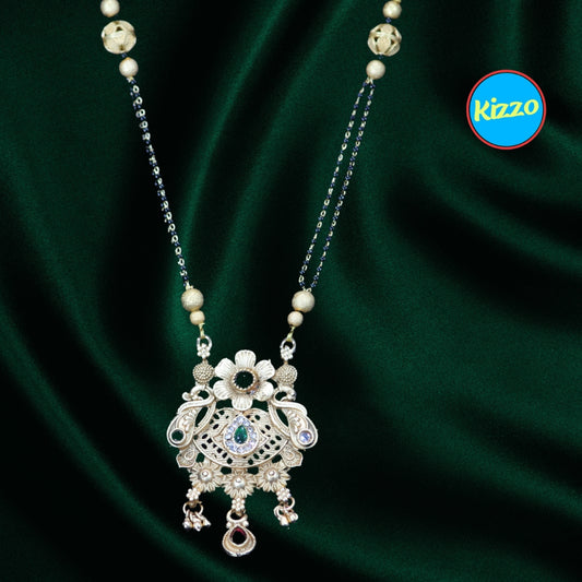 Elegant Imitation Droplet Design Gold Mangalsutra with Ruby & Emerald Accents- Traditional Indian Wedding Jewelry