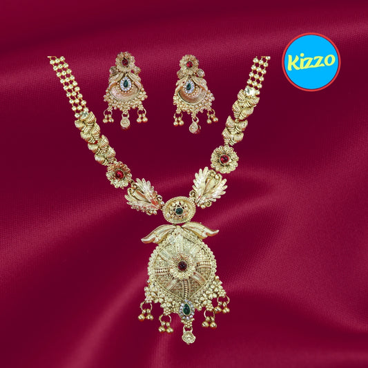 Gold Plated Floral Necklace Set with Green and Red Stone Embellishments - Traditional Jewelry for Women