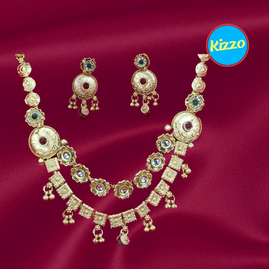 Traditional Indian Necklace with Intricate Floral Motifs and Hanging Bells- Traditional Jewelry for Women