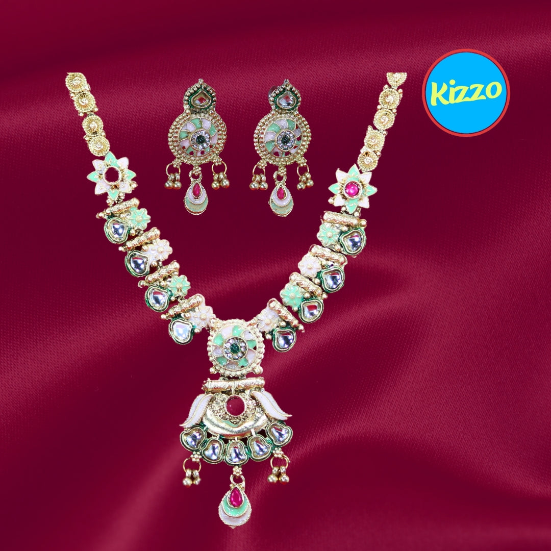 Elegant Gold-Tone Necklace with Intricate Kundan and Floral Accents- Traditional Set For Women And Girls