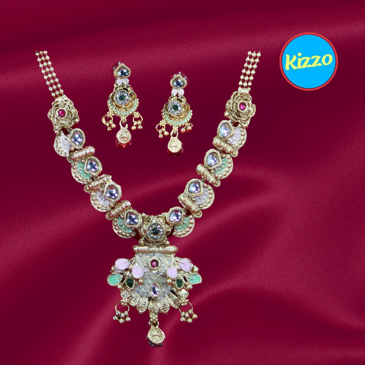 Handcrafted Bridal Necklace Set with Multicolored Stones and Ornate Pendant- Traditional Set For Women And Girls