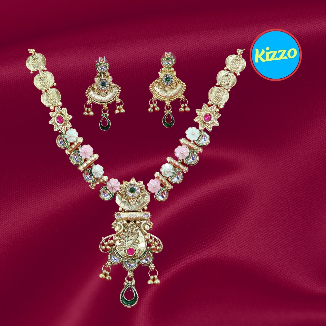 Bridal Necklace Set with Multicolored Stones and Ornate Pendant- Traditional Set For Women And Girls