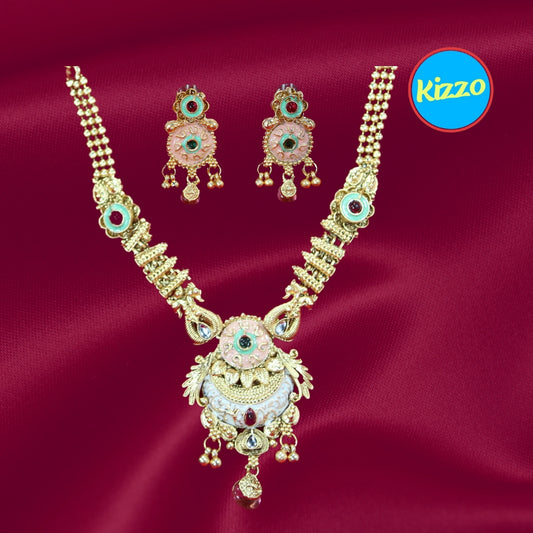 Bridal Jewelery Set with Green and Red Stones and Ornate Pendant- Traditional Jewelery Set For Women And Girls