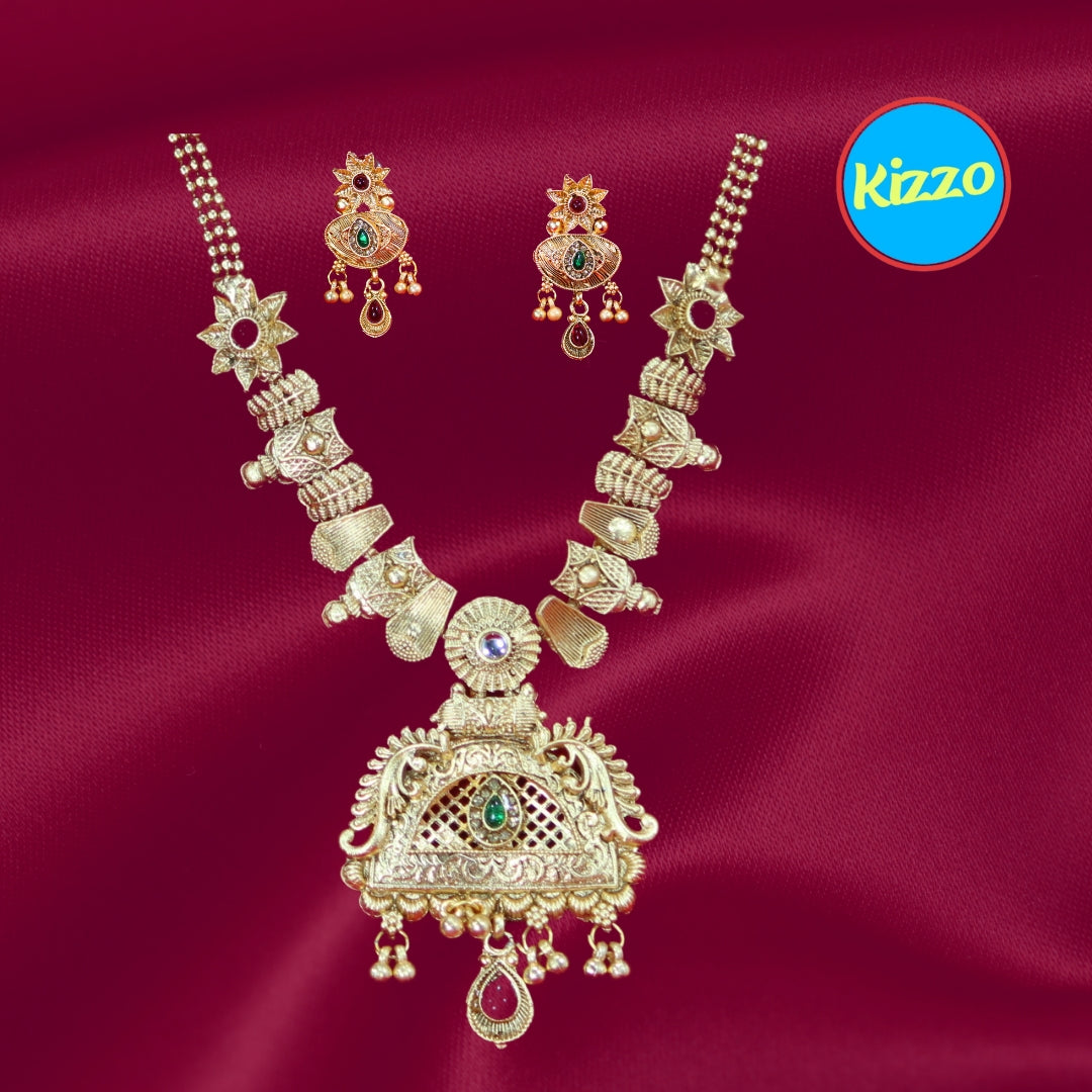 Bridal Jewelery Set with Green and Red Stones and Ornate Pendant- Traditional Jewelery Set For Women And Girls