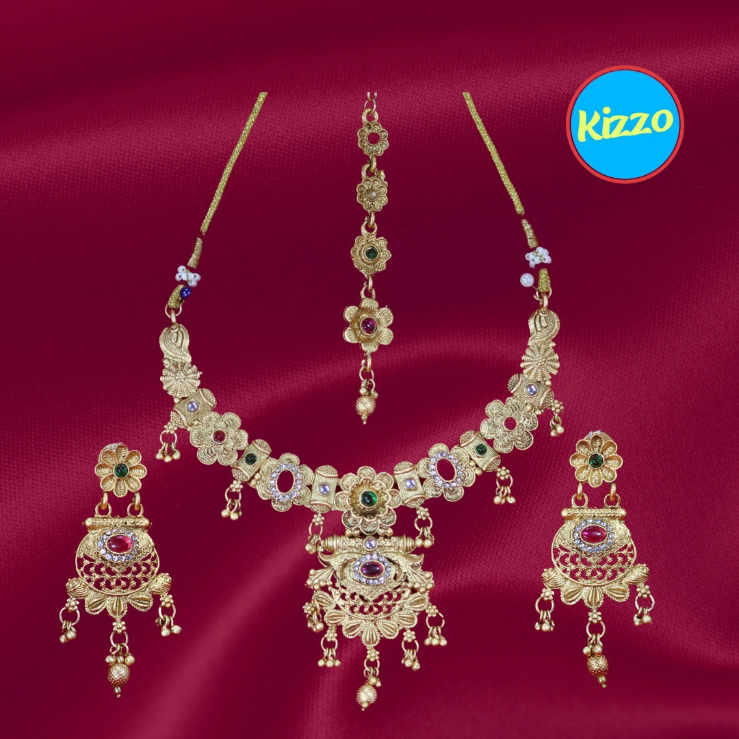 Gold Plated Necklace Earring Set with Maangtikka for Women - Traditional Jewelry Set