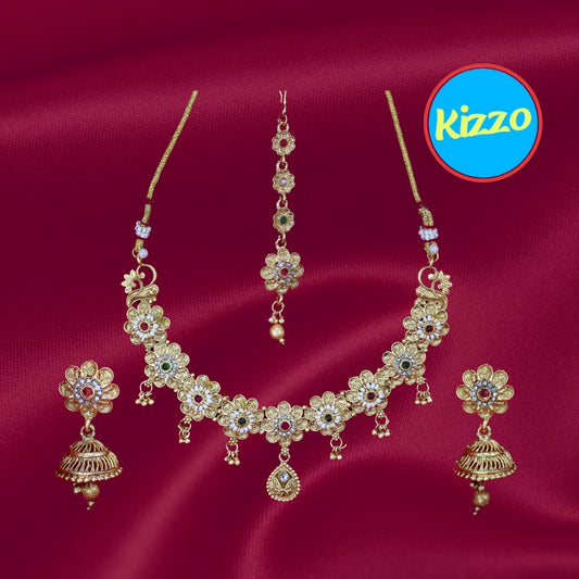 Gold Plated Floral Necklace Earring Set with Maangtikka for Women - Traditional Jewelry Set