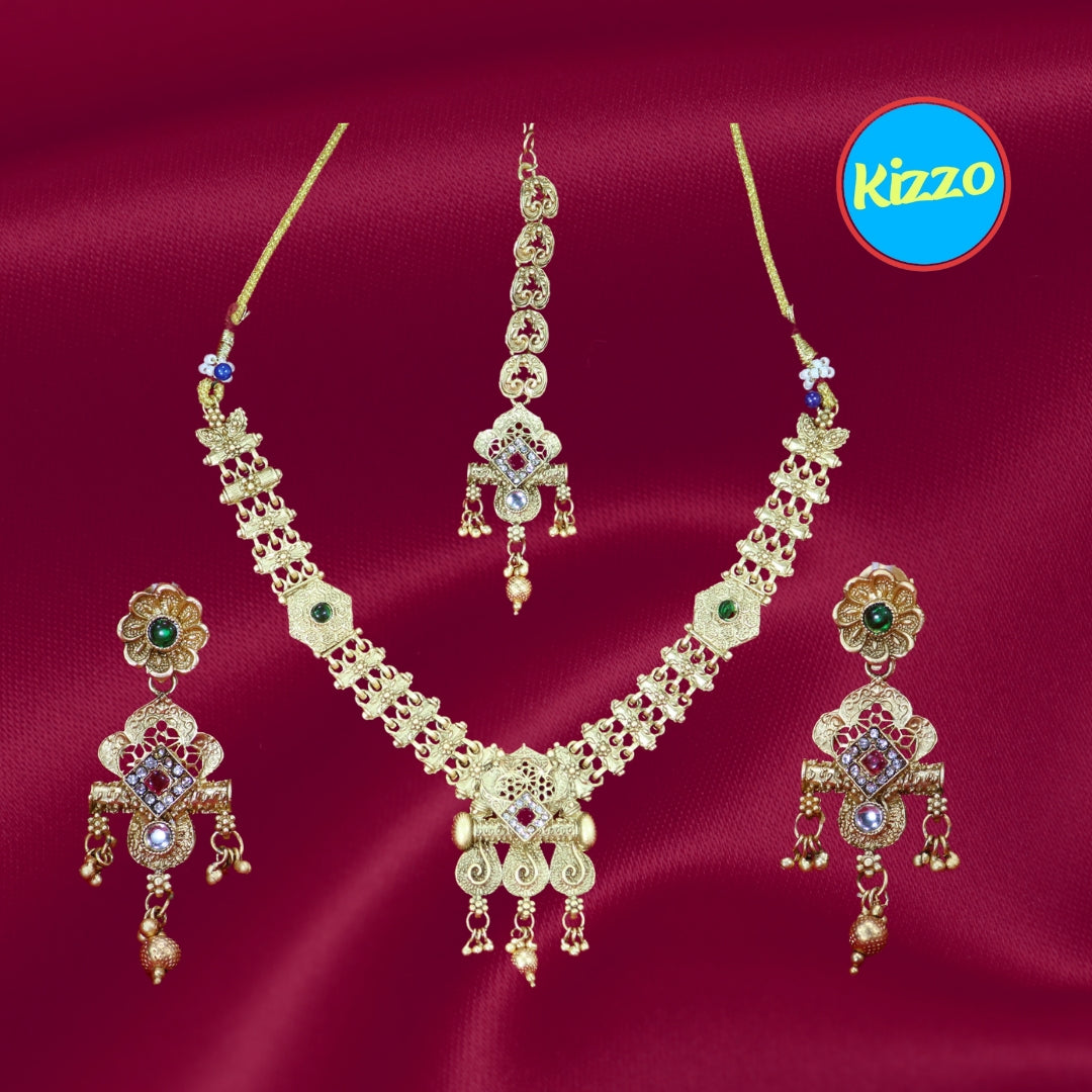 Gold Plated Traditional Necklace Earring Set with Maangtikka for Women - Traditional Jewelry Set